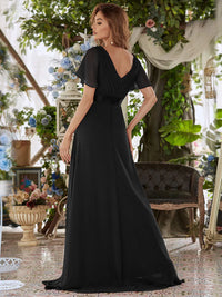 Black bridesmaid dress or formal dress in chiffon with satin band and short sleeves.