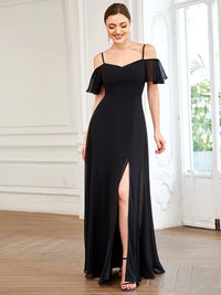 Black bridesmaid dress, off shoulder chiffon.