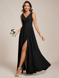 Black bridesmaid dress, sleeveless A-line chiffon dress with split.