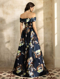 Black floral formal dress with off shoulder sleeve and front split.