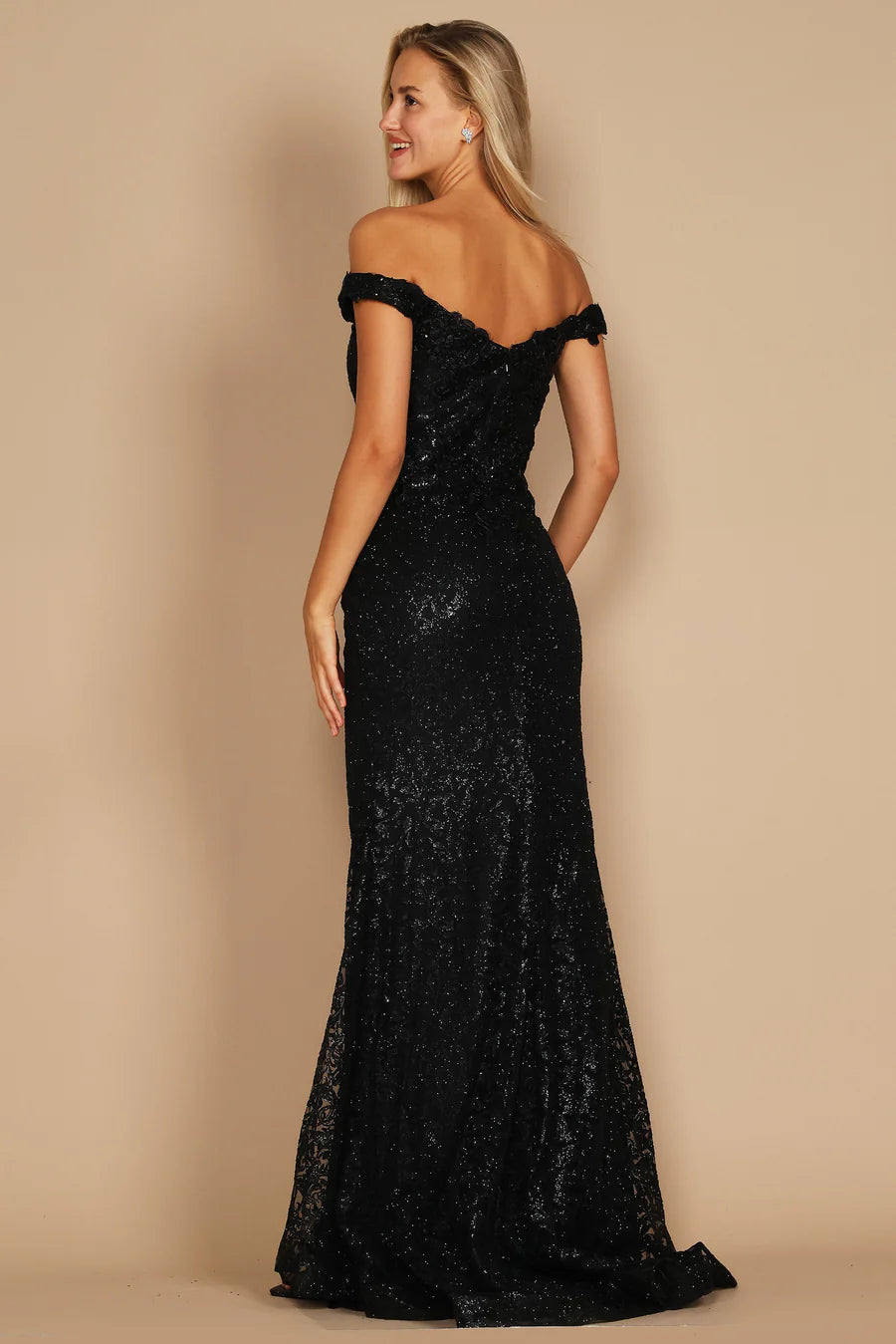Black formal dress in lace and satin with  an off shoulder style and mermaid tail.