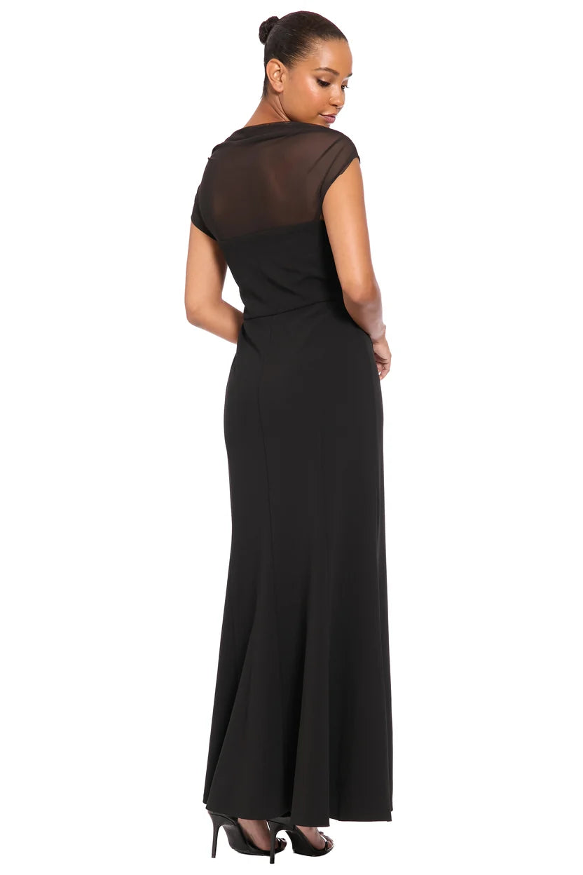 Black formal dress with mesh panel across the top