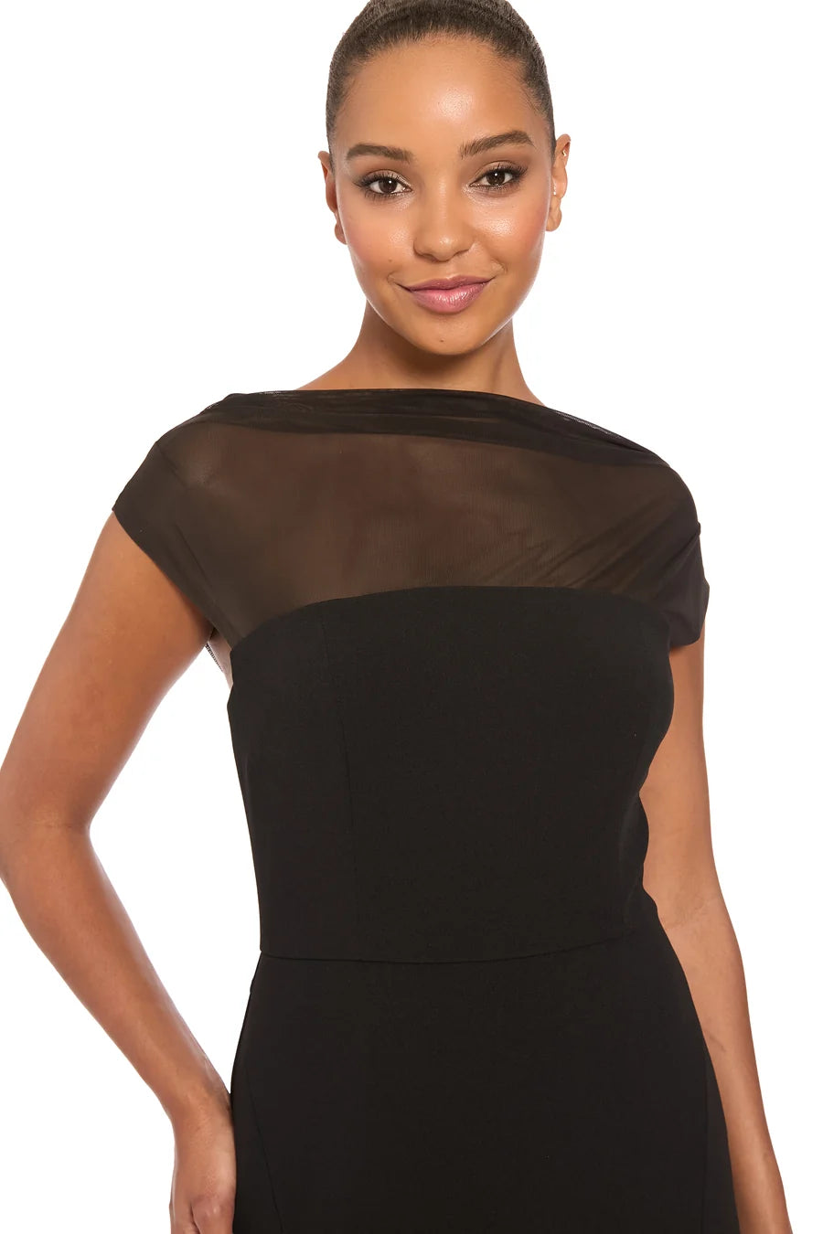 Black formal dress with mesh panel across the top