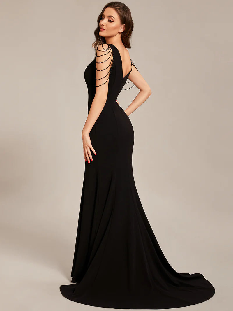 Black sleeveless beaded v neck mermaid tail formal dress. Graceful Elegance Bridal Shop services Logan, Brisbane, Gold Coast, Scenic Rim.