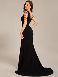 Black sleeveless beaded v neck mermaid tail formal dress. Graceful Elegance Bridal Shop services Logan, Brisbane, Gold Coast, Scenic Rim.