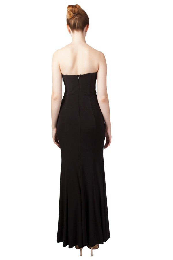 Black strapless forma dress with split.