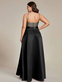 Black plus size hi low sleeveless satin formal or mother of the bride dress with bodice detailing.