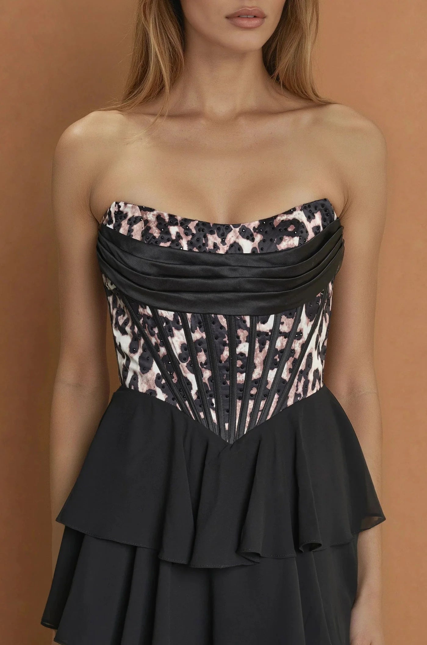 Black leopard print formal dress with chiffon ruffle skirt and split.