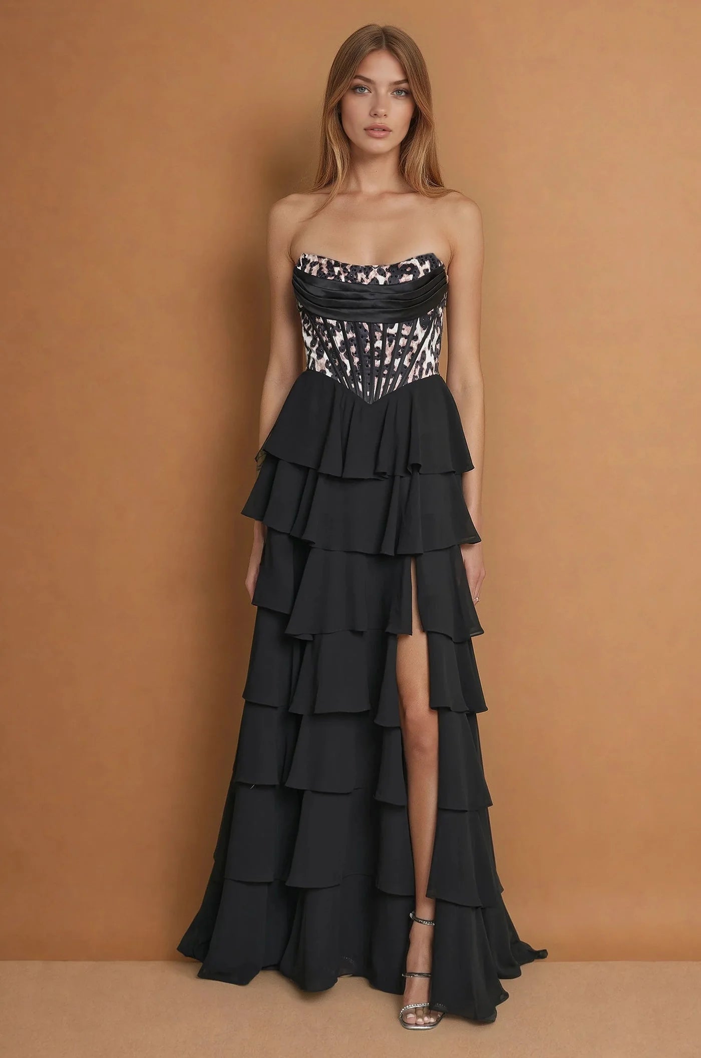Black leopard print formal dress with chiffon ruffle skirt and split.