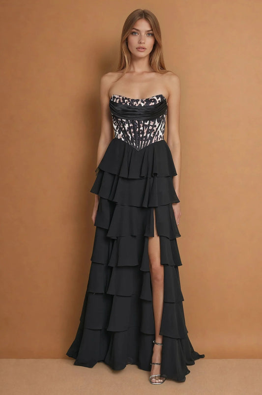 Black leopard print formal dress with chiffon ruffle skirt and split.