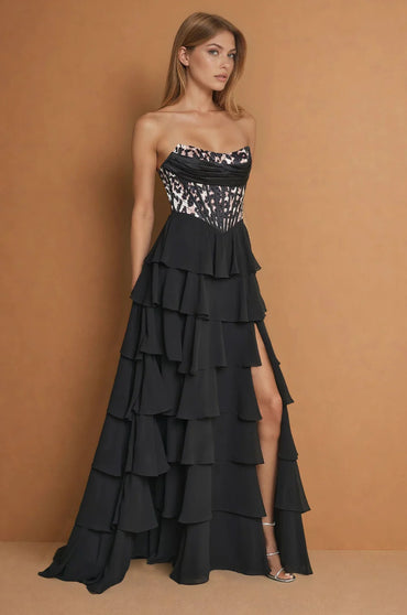 Black leopard print formal dress with chiffon ruffle skirt and split.