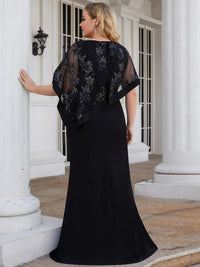 Black mother of the bride plus size dress with lace sequin overlay.