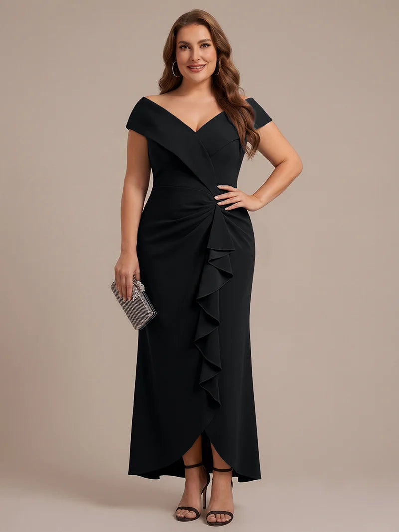 Black plus size formal dress with ruffle design and off shoulder style.