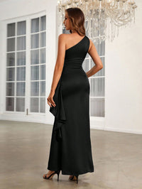 Black bridesmaid dress or formal dress with one shoulder in satin and ruffle side detail.