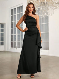 Black bridesmaid dress or formal dress with one shoulder in satin and ruffle side detail.
