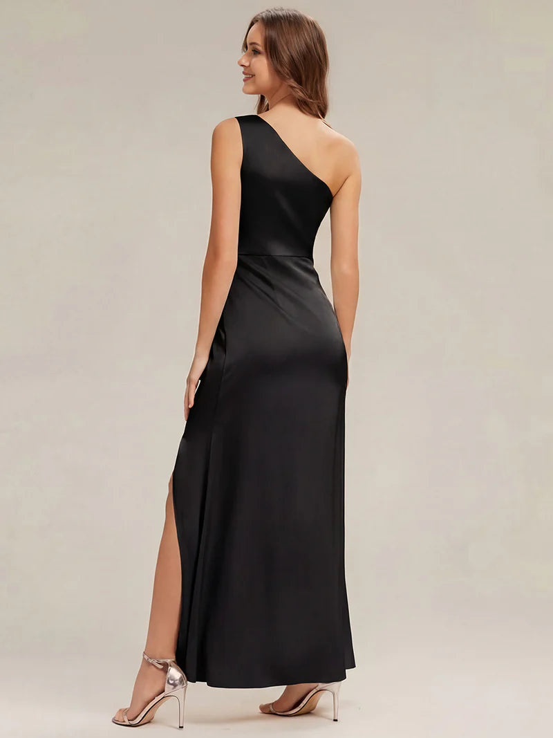 Black one shoulder satin bridesmaid dress with split.