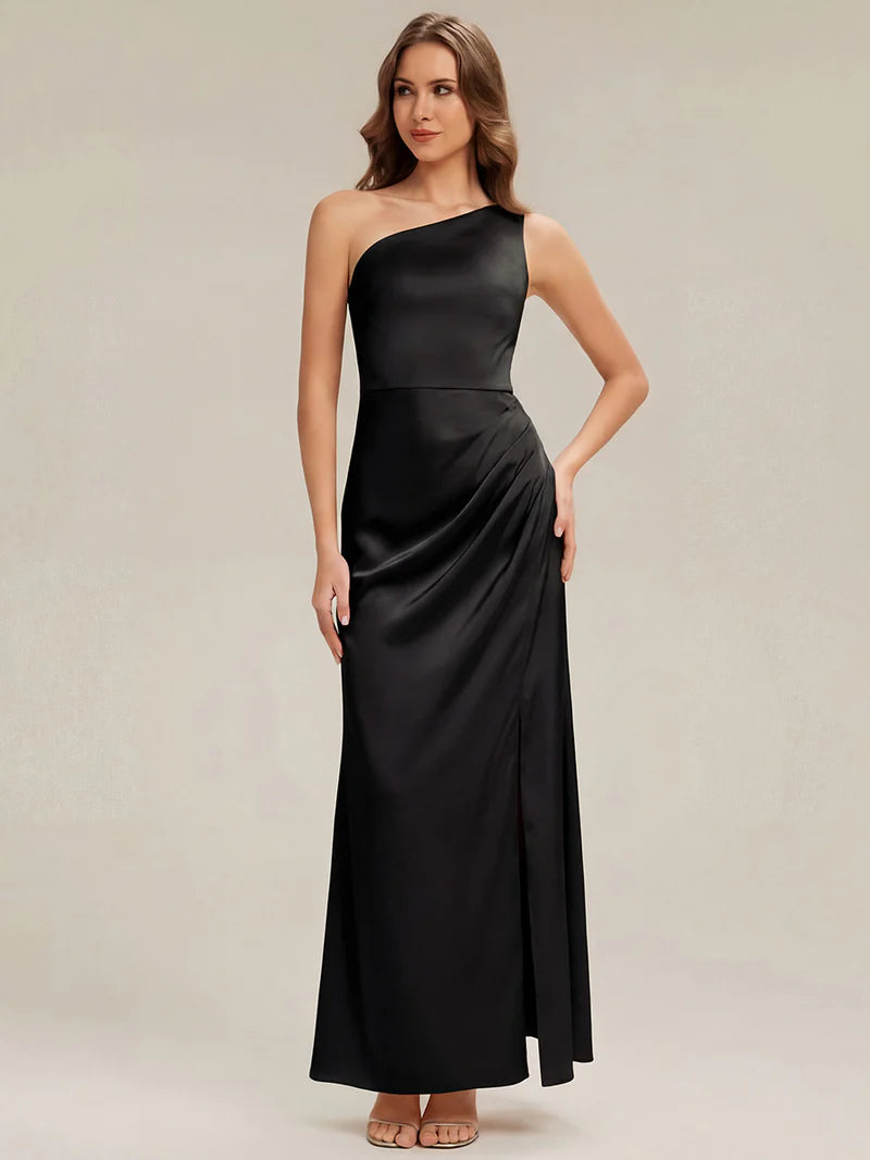 Black one shoulder satin bridesmaid dress with split.