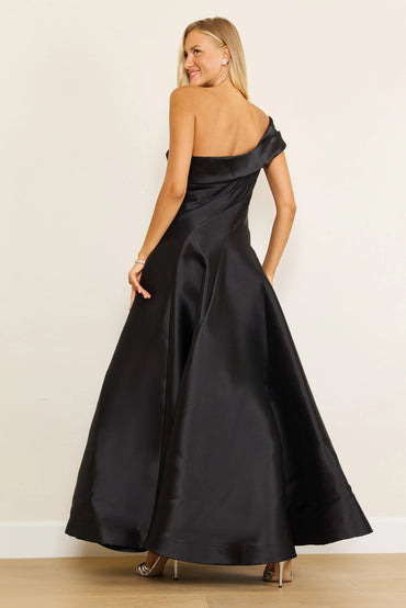 Black one shoulder formal dress with a split. Plus size size available.