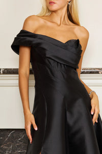 Black one shoulder formal dress with a split. Plus size size available.