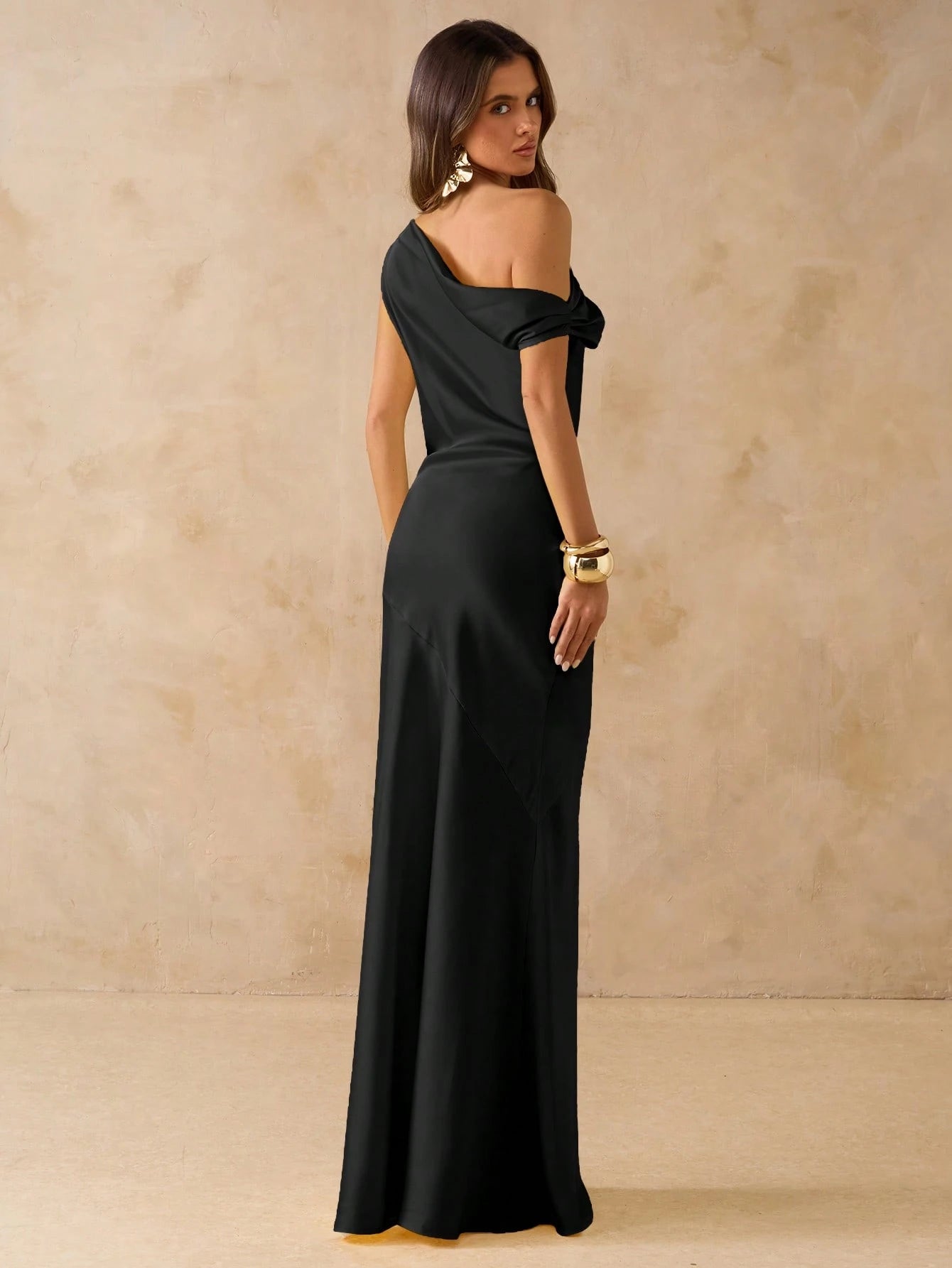 Black plus size bridesmaid dress asymmetrical off the shoulder satin sheath dress.