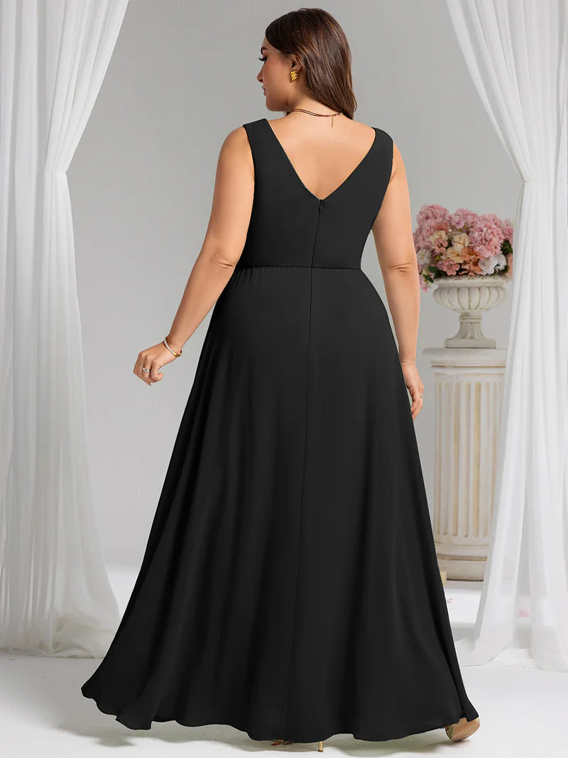 Black plus size bridesmaid dress, sleeveless A line with split.
