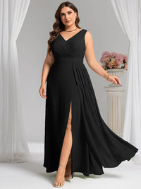 Black plus size bridesmaid dress, sleeveless A line with split.