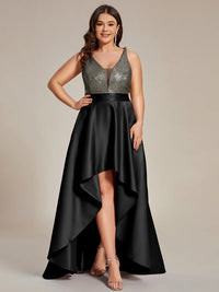 Black plus size hi low sleeveless satin formal or mother of the bride dress with bodice detailing.
