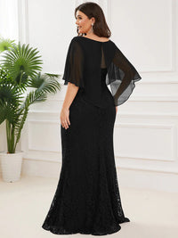 Black Mother of the Bride dress in plus size with fishtail finish, lace with chiffon cape ruffle sleeves. Graceful Elegance bridal shop services Logan, Brisbane, Gold Coast, Scenic Rim.