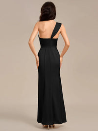 Black satin formal dress or bridesmaid dress in an off shoulder  design with a split.