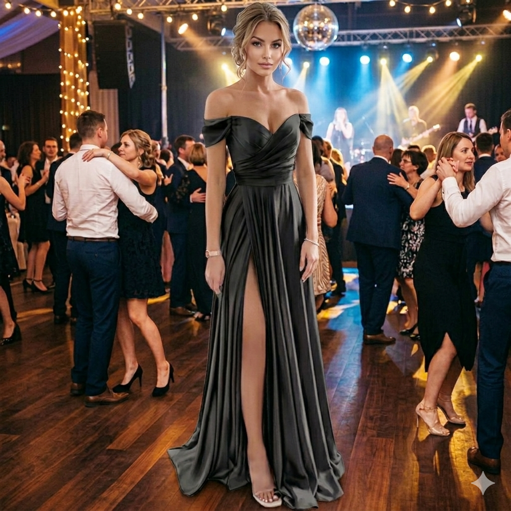 Black satin formal dress with off shoulder style, split and pockets with lace up back.