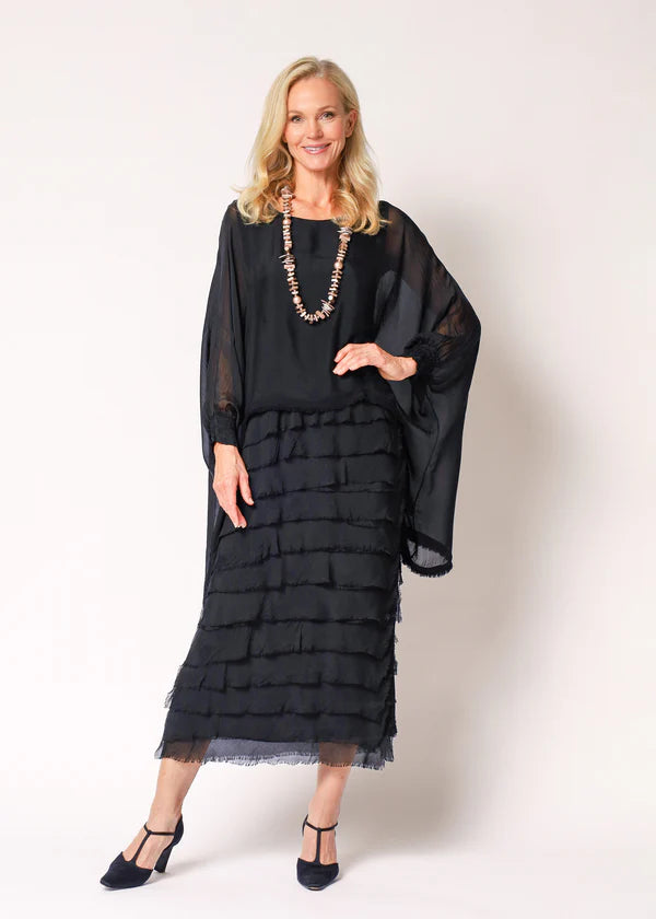 Black Italian Silk mother of the bride dress with sleeve and frayed skirt.