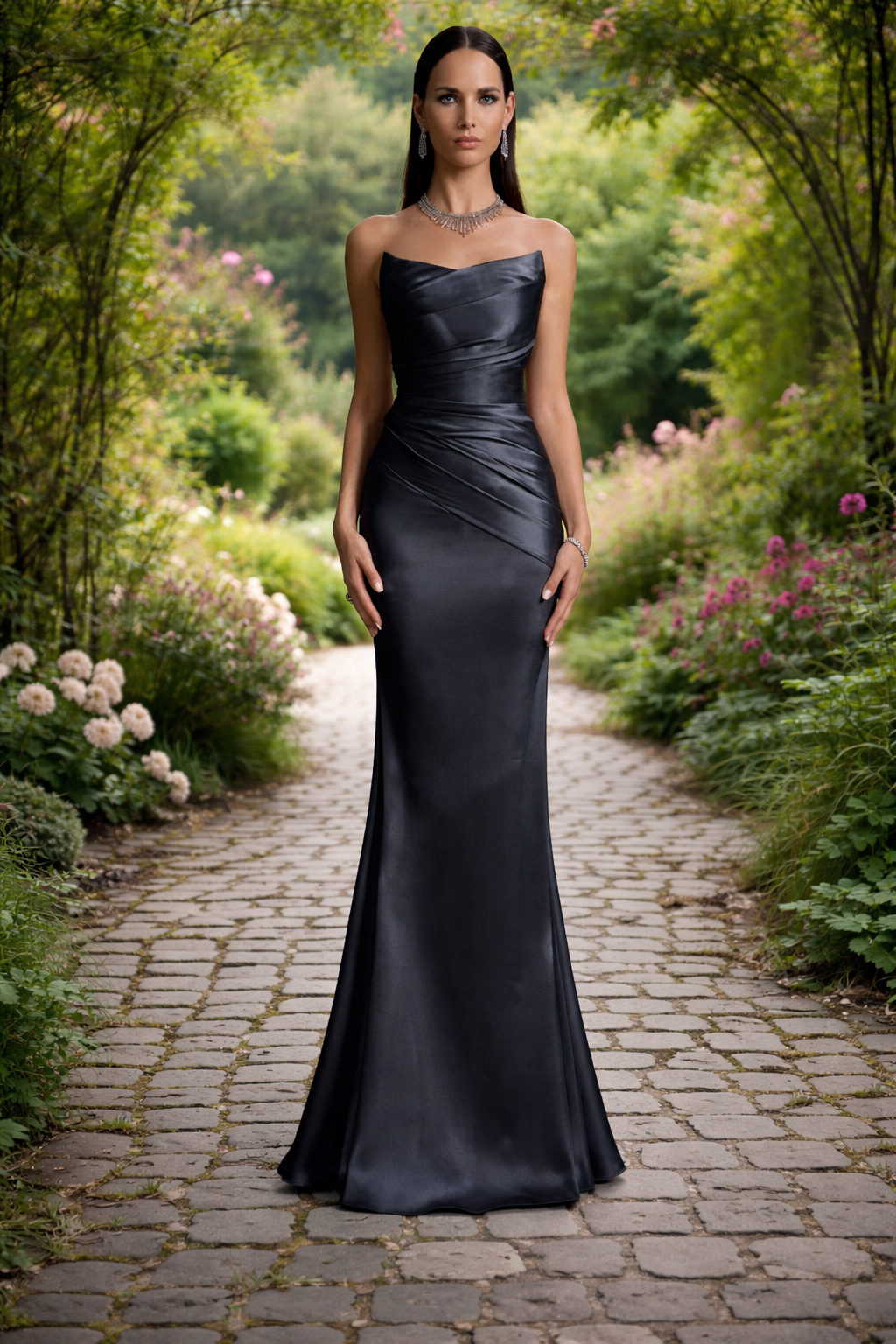 Black satin sheath formal dress with mermaid train.