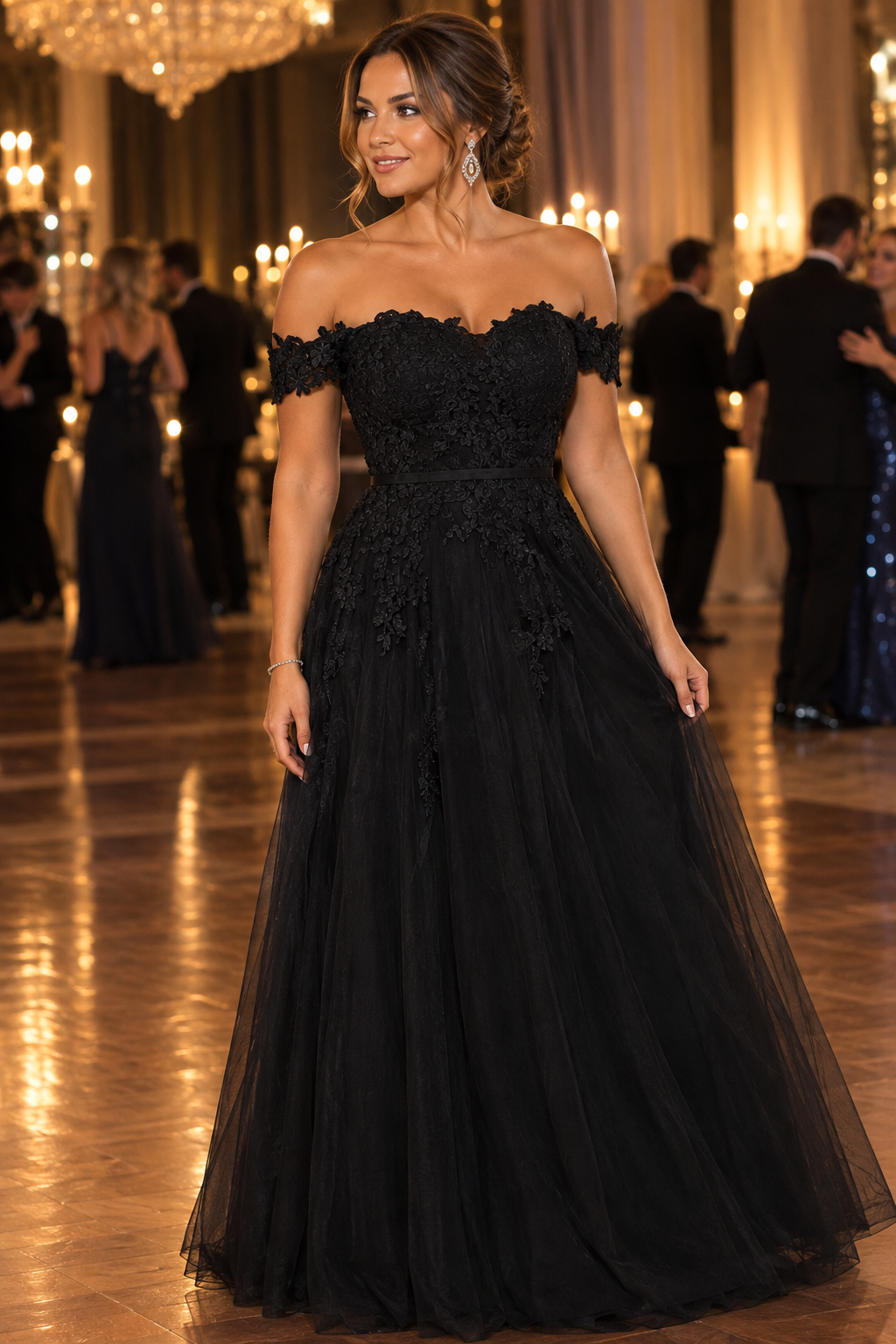 Black tulle off shoulder formal dress.