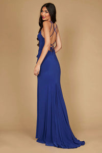 Royal Blue formal dress maxi halter with lace up back and split.