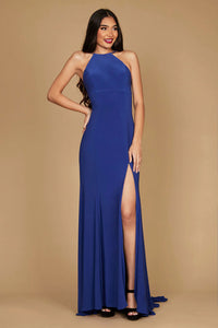 Royal Blue formal dress maxi halter with lace up back and split.