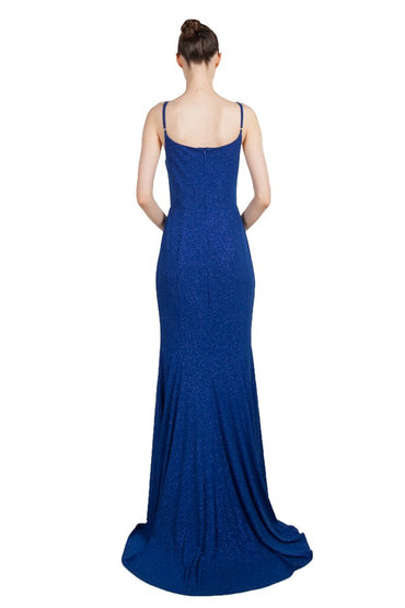 Blue plus size formal dress with cowl neck, spaghetti straps and low split.