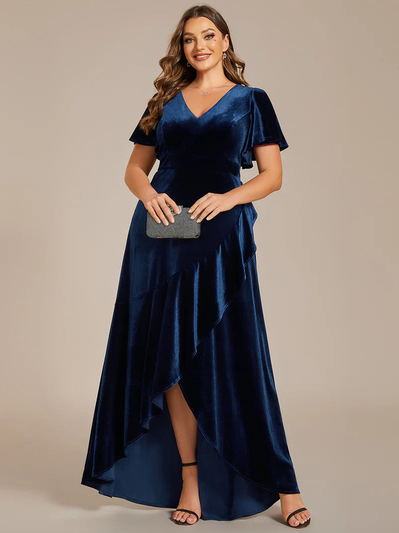 Blue velvet plus size formal dress with asymetric hem.