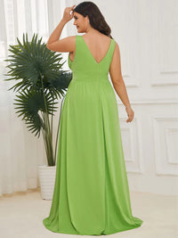 Plus sized avocado green bridesmaid dress with sleeveless and deep v-neck.