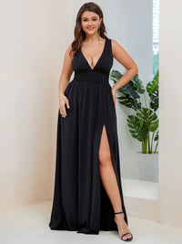 Plus sized black bridesmaid dress with sleeveless and deep v-neck.
