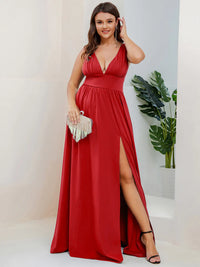 Plus sized red bridesmaid dress with sleeveless and deep v-neck.