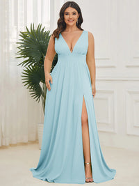 Plus sized sky blue bridesmaid dress with sleeveless and deep v-neck.