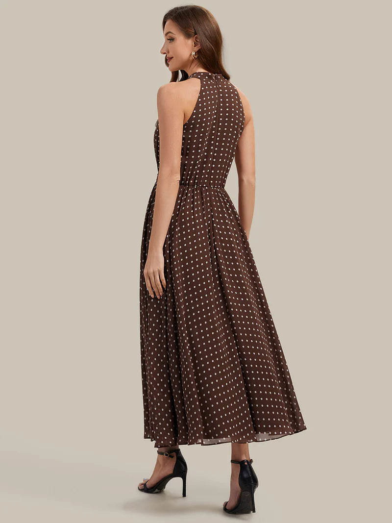 Brown polka dot halter wedding guest dress or evening dress.