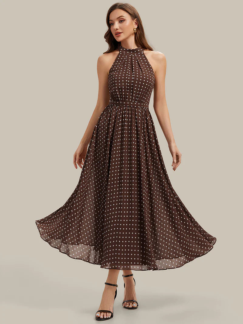 Brown polka dot halter wedding guest dress or evening dress.
