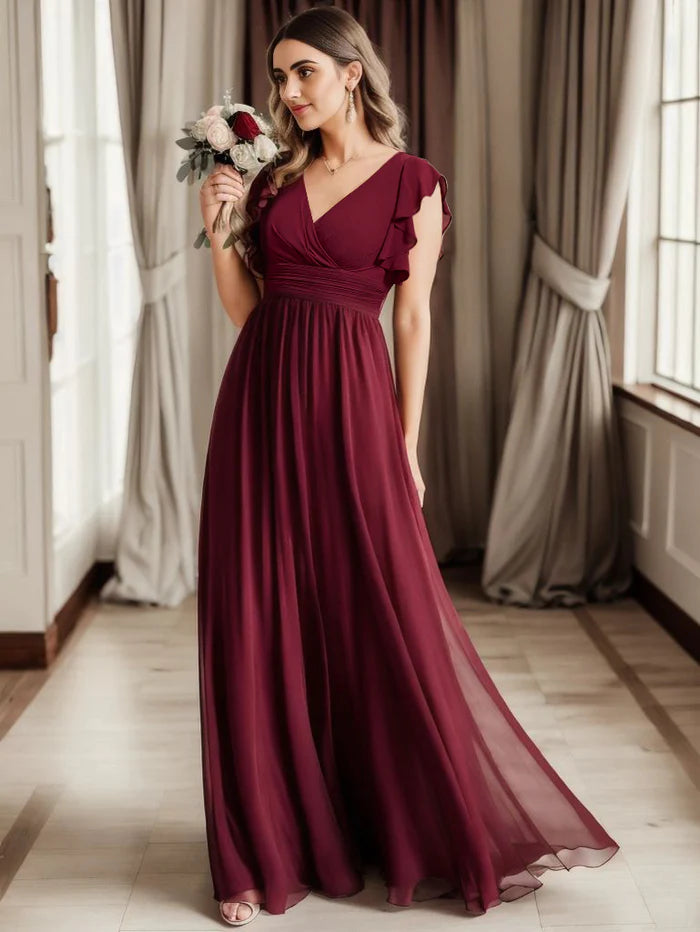 Burgundy bridesmaid dress with ruffle sleeve and open back detail.