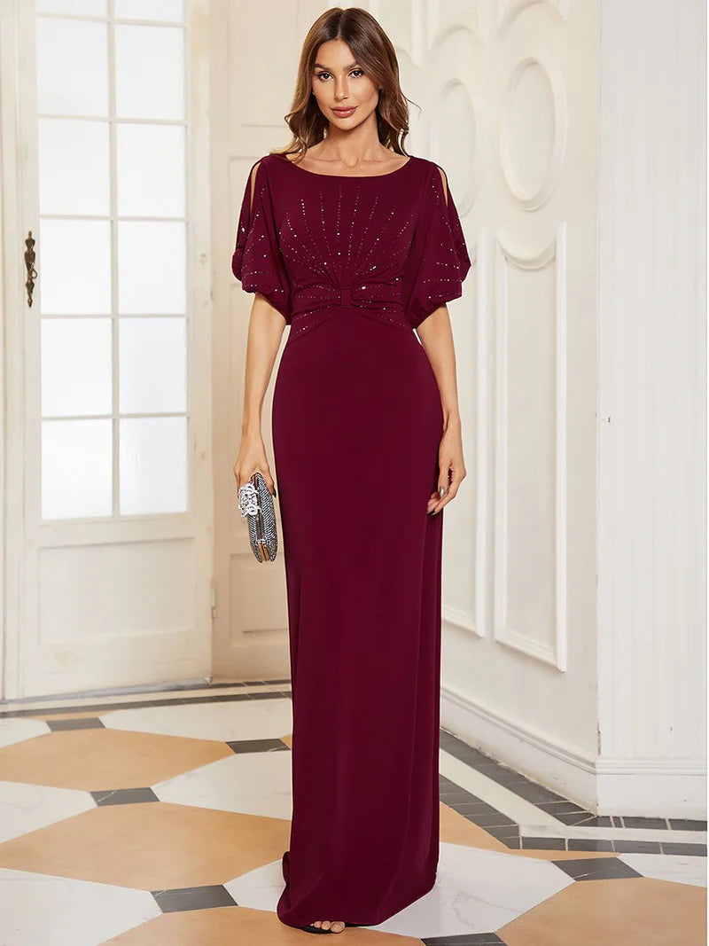 Burgundy formal dress short sleeves chiffon with silver detail.