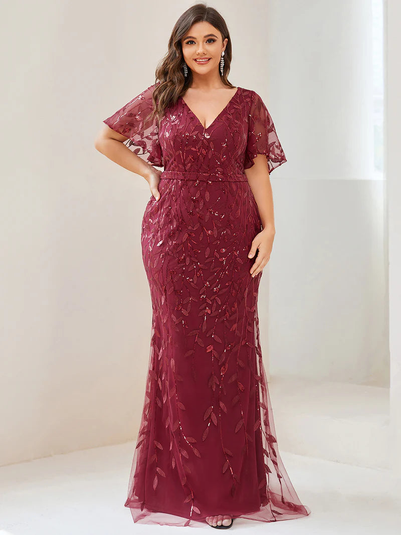 Burgundy Plus Size Mother of the bride dress with tulle, sequins and lace ruffle sleeves.