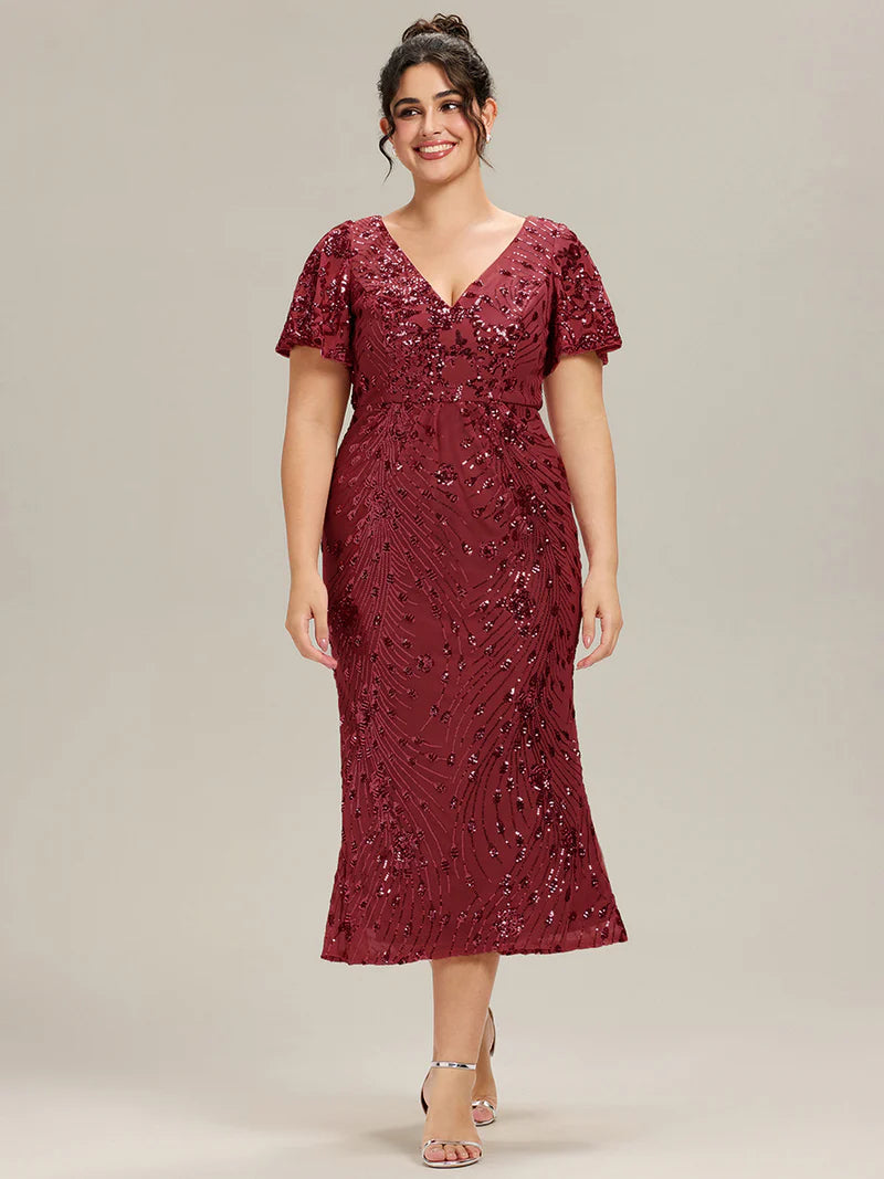 Burgundy mother of the bride plus size midi dress.