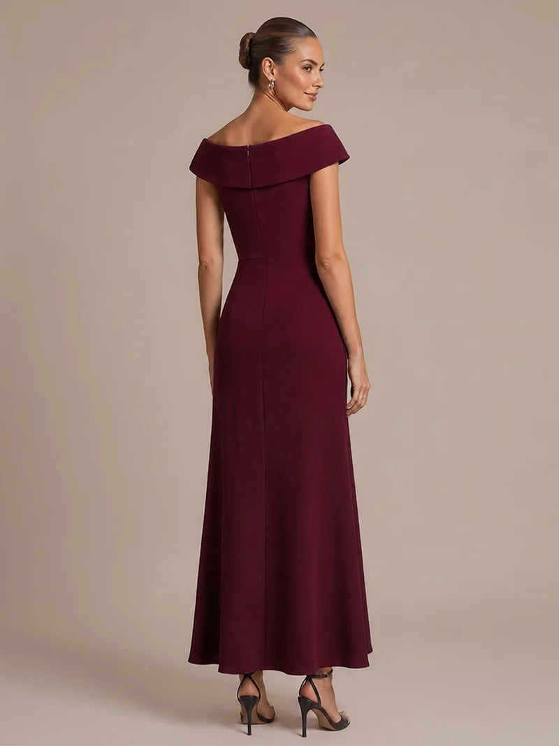 Burgundy formal dress with ruffle design and off shoulder style.