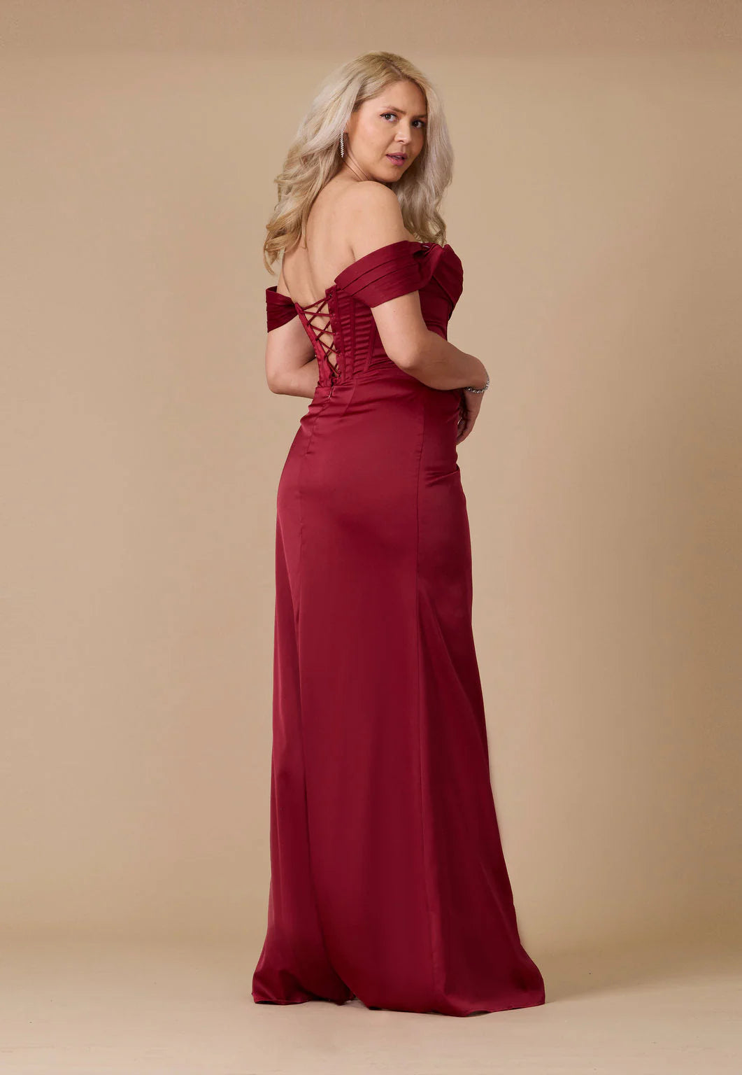 Burgundy off the shoulder or strapless corset lace up back plus size formal dress.