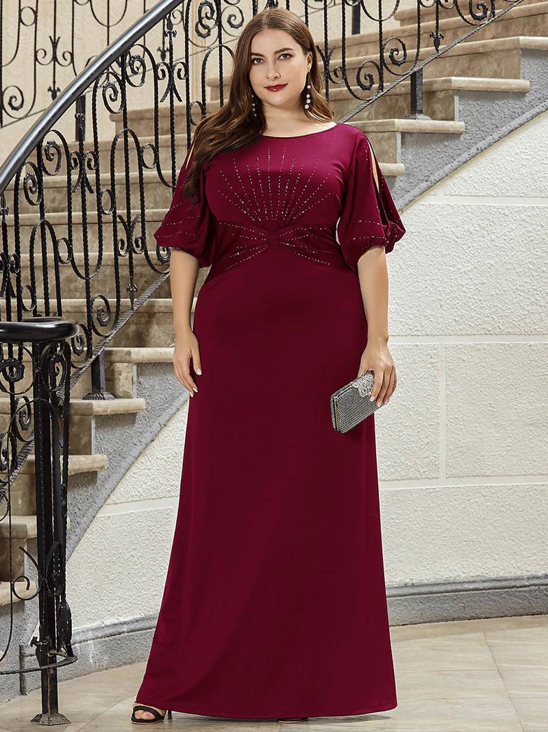 Burgundy plus size formal dress short sleeves chiffon with silver detail.